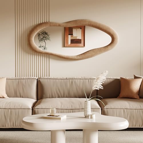 Honyee 55" x 24" Wall Mirror, Flannel Wrapped Wooden Frame Wavy Mirror, Irregular Mirror Hanging for Cloakroom/Bedroom/Living Room, Milk Tea - color: Milk Tea, size: 55"L x 24"W