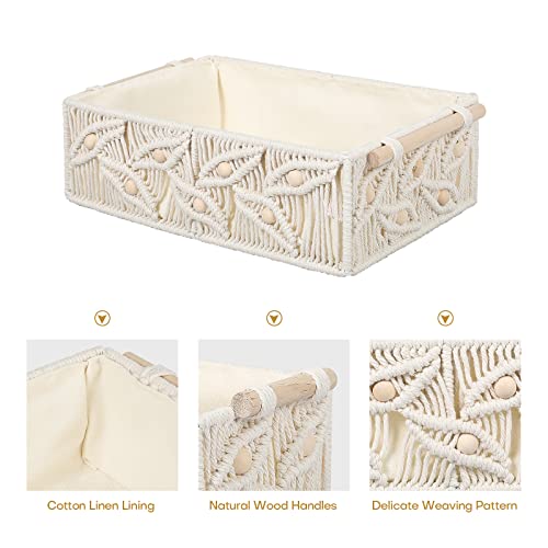 ANMINY 3PCS Macrame Storage Baskets for Organizing Boho Decor Baskets Storage Bins with Wood Handles Handmade Decorative Storage Boxes Desk Toilet Tank Bathroom Self Basket Organizer - Leaves w/Beads - color: Leaves with Wood Beads (Set of 3)