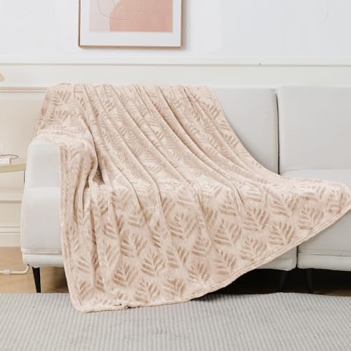 Exclusivo Mezcla Fleece Throw Blanket for Couch, Super Soft and Cozy Blankets All Season Use, Leaves Pattern, Plush Fuzzy Lightweight, Camel, 50x60 Inch - color: Camel, size: Throw(50"x60")