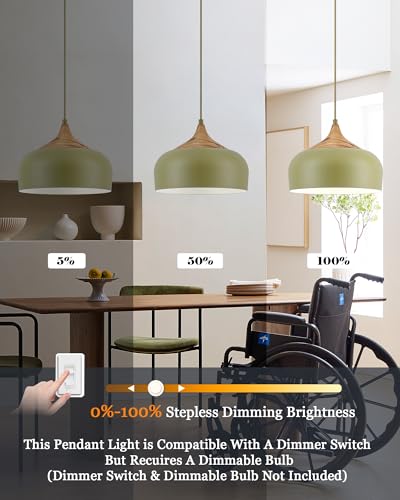 ELYONA Vintage Pendant Light Fixtures with Faux Pine Wood Grain, 12 Inch Adjustable Hanging Light Moss Green Metal Shade, Mid Century Modern Japandi Pendant Lamp for Kitchen Island Dining Room Bedroom - color: Moss Green
