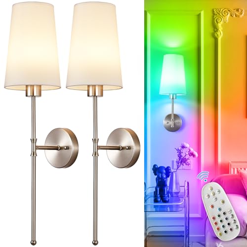 Depuley Battery Operated Wall Sconce: 27" Set of 2 Wireless Wall Lights with Remote for Bedroom - Rechargeable 15 Colors Wall Lamp for Living Room Hallway Decor - Brushed Nickel - color: Brushed Nickel, size: 27 Inch Set of 2