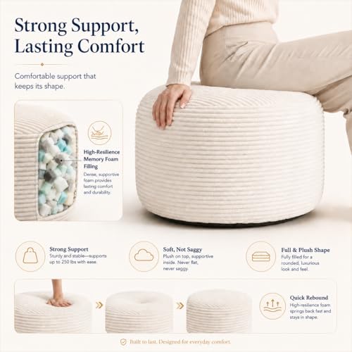 Round Pouf Ottoman Foot Rest 20 X 15 - Floor Pouf for Living Room Seating, Soft Corduroy Ottoman, Lightweight Foot Stool for Couch - color: Beige, size: 20"D x 20"W x 15"H