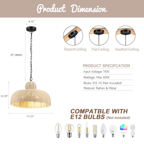 OCIOC Rattan Pendant Lighting,17.72" Kitchen Island Hanging Light Fixtures,Large Boho Hand-Woven Chanderlier, E26 Farmhouse Retro Ceiling Chandelier 3-Lights For Dining Room Kitchen Island Living Room - size: 17.7"