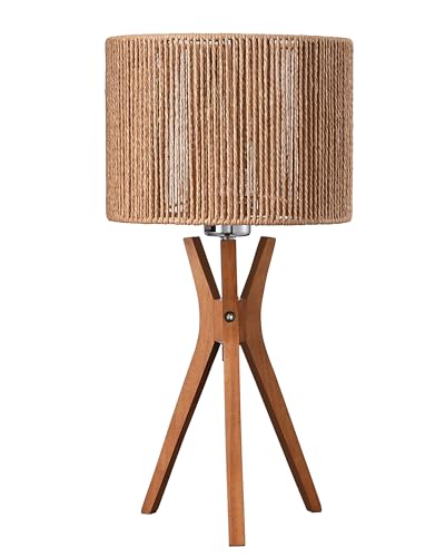 EDISHINE 17.5" Rattan Table Lamp, Wood Bedside Lamp with Handmade Paper Rope Woven Lampshade, Nightstand Lamp for Living Room, Bedroom, E26 Base, ON-Off Switch - color: Vertical Stripes