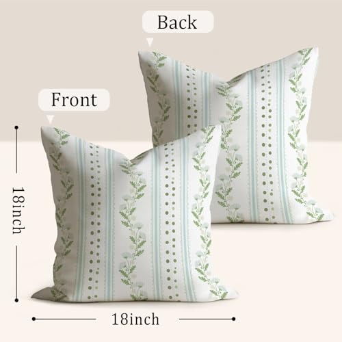 Boho Green and White Throw Pillow Covers 18x18 Inch, Set of 2 Vintage Floral Double -Sided Printed Pillowcase, Farmhouse Couch Decor for Sofa Bedroom Living Room