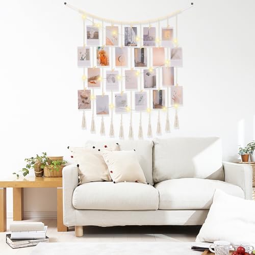 Macrame Hanging Photo Display Boho Wall Decor with String Lights Wooden Beads Garland Picture Frame Collage Holder with 45 Clips for Room, Bedroom, Dorm, Christmas Teenage Teen Girl Gifts (Beige, Large) - size: Large
