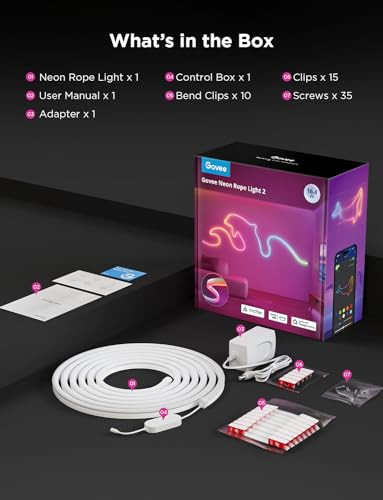 Govee RGBIC Neon Lights, LED Smart Neon Rope Light 2 Works with Matter, Alexa, Google Assistant, Custom DIY Neon Strip Lights for Bedroom and Wall Decor, Softer Material, 16.4ft, White - size: 16.4ft