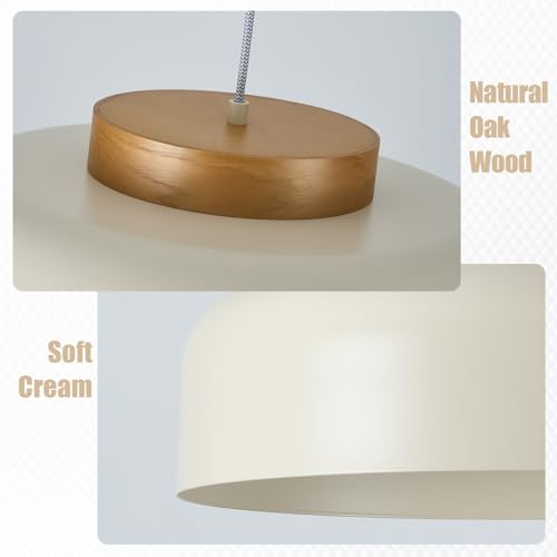 Modern Large Pendant Light, 17.7 inch,Cream Lampshade,Natural Wood,Simple Chandelier for Dining Room,Kitchen Table