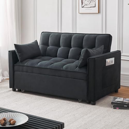 Futon Sofa Bed,Modern 3 in 1 Convertible Sleeper Sofa, Pull Out Couch Bed with Adjustable Backrest, Storage Pockets and Toss Pillows for Living Room, Bedroom (Black) - color: Black