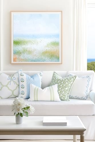 Hofdeco Premium Coastal Grandmillennial Patio Indoor Outdoor Lumbar Pillow Cover Only, 12"x20" Water Repellent for Backyard, Couch, Poolside, Grass Green Embroidered Ribbon Bow Tie on Leaves - color: Grass Green Ribbon Bow Tie on Leaves 12"x20"