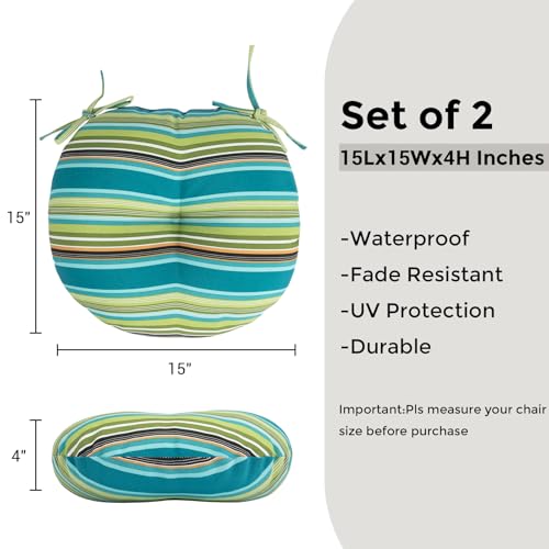 Bistro Chair Cushions 15 inch,Set of 2,Tufted Round Chair Cushions with Ties,15"x15"x4",Water Resistant Round Seat Cushion for Barstool Chairs,Patio Garden Kitchen Outdoor Furniture(Green Stripe) - color: Green Stripe, size: 15"x15"