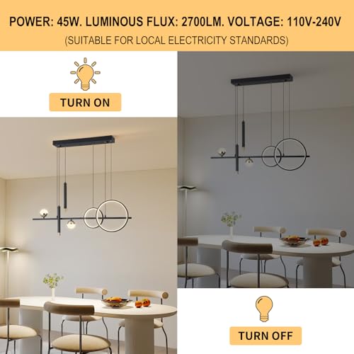 ORANOOR Modern LED Pendant Lights, Dimmable 39in Linear Wave LED Chandelier Lighting, Black & Gold Dining Room Hanging Light Fixtures Kitchen Island Globe Pendant Light for Dining Table (2705lm)