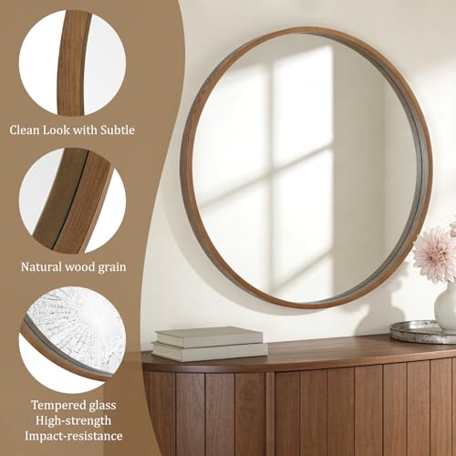 WallBeyond Round Wood Mirror, 36" Round Modern Decoration Large Circle Wall Mirror for Bathroom Living Room Bedroom Entryway, Walnut - color: Walnut, size: 36"L x 36"W