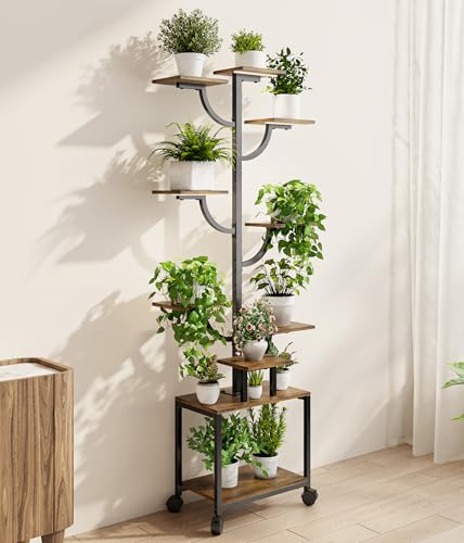 Plant Stand Indoor with Grow Lights - 9-Tier Plant Stand with Wheels, Tall Metal and Wood Indoor Plant Shelf with Tree Design, Rolling Flower Pot Holder Rack with Waterproof Finish, Adjustable Display Stand for Home Garden, Patio, 62" Tall - size: 62in