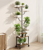 Plant Stand Indoor with Grow Lights - 9-Tier Plant Stand with Wheels, Tall Metal and Wood Indoor Plant Shelf with Tree Design, Rolling Flower Pot Holder Rack with Waterproof Finish, Adjustable Display Stand for Home Garden, Patio, 62" Tall - size: 62in