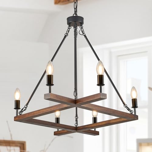 L45'' Rustic Farmhouse Square Wood Chandeliers 6-Light Unique Rectangular Candle Chandelier Long Ceiling Pendant Light for Living Dining Room Foyer Kitchen Bedroom High Ceiling,E12 - color: Walnut, size: 45 inches