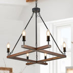 L45'' Rustic Farmhouse Square Wood Chandeliers 6-Light Unique Rectangular Candle Chandelier Long Ceiling Pendant Light for Living Dining Room Foyer Kitchen Bedroom High Ceiling,E12 - color: Walnut, size: 45 inches
