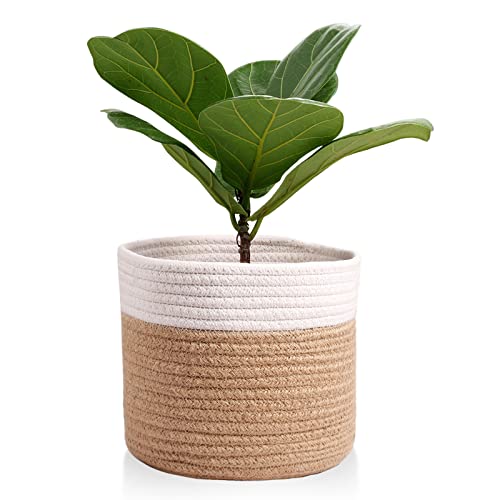 11" Cotton Rope Plant Basket Modern Woven Baskets for 10" Flower Pot Floor Indoor Planters,Storage Organizer Baskets Home Decor,Brown White 11"x 11" - color: Brown, size: W 11"x H 11"