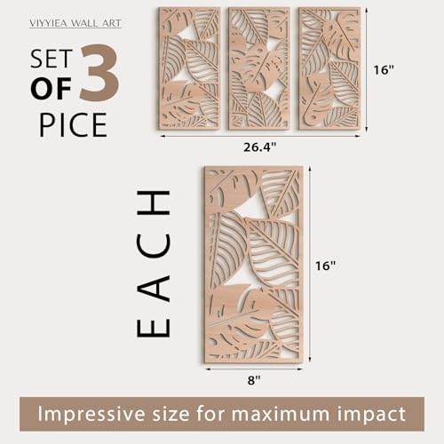 VIYYIEA Boho Solid Wood Carved Wall Art Set of 3, Geometric Minimalist Wooden Home Decor Panels, Handcrafted Solid Wood Wall Hanging for Living Room Bedroom Hallway, 16 x 8 Inch Each (Leaves Oak) - color: Leaves