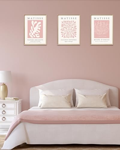 Framed Matisse Pink Canvas Wall Art,Abstract Matisse Canvas Wall Decor,16x12IN High Framed Wood Design Print,Minimalist Classic Decor Aesthetic for Living Room,Bedroom,Bathroom Set of 3 - color: Matisse Pink Wall Decor Framed, size: 16"L x 12"W