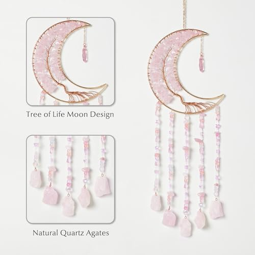 Fairy Pink Quartz Gemstone Dream Catcher 7 Chakras Tree of Life Moon Dream Catcher with Healing Crystal Stones Handmade Dreamcatcher Wall Decor for Adults Boys Girls,Bedroom,Wedding,Garden,Bless Gift - color: Fairy Pink Crystal