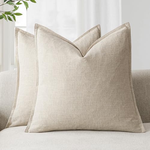 Foindtower Pack of 2, Decorative Linen Soild Throw Pillow Covers Soft Accent Cushion Case Boho Farmhouse Neutral Pillowcase for Couch Sofa Bedroom Living Room Home Decor 18 x 18 Inch Natural Beige - color: Natural Beige, size: 18" x 18" (Pack of 2)