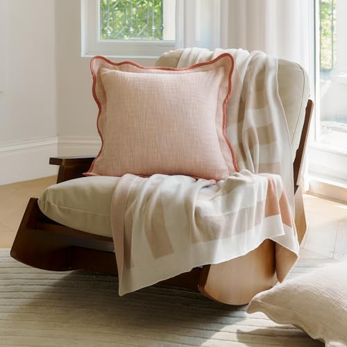 Double Stitch Scalloped Throw Pillow Covers - 100% Cotton Set of 2 Decorative Boho Pillow Covers 20 x 20, Made in India, Square Cushion Case, Modern Home Decor for Couch Sofa Living Room, Shell Pink - color: Shell Pink, size: 20" x 20" (Pack of 2)