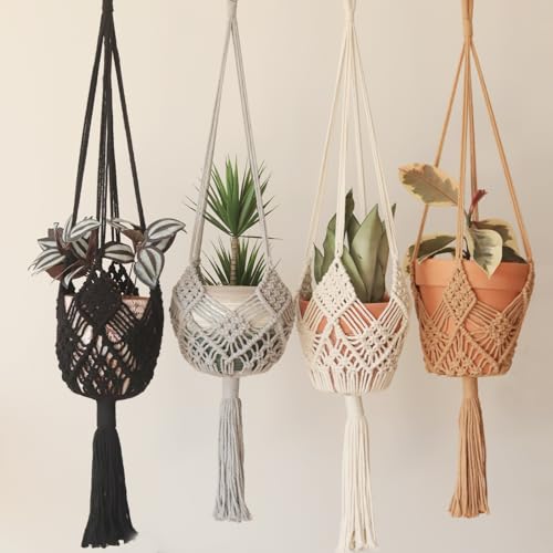 Hanging Planter with Patterns,4Packs Macrame Plant Hangers Indoor Macrame for up to 8 inch Pot Crochet Boho Plant Hanger Holder for Indoor Outdoor with 4S Shaped Stainless Steel Hooks (4colors) - color: 4colors