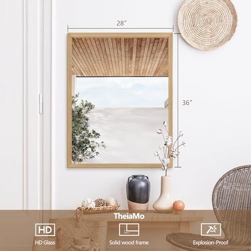 36"x28" Bathroom Mirror with Natural Wood Frame for Wall, Large Rectangle Vanity Mirror Rustic Farmhouse Decor Mirror, Anti-Rust Explosion-Proof, Hangs Horizontally or Vertically, Solid - color: Solid, size: 36"L x 28"W