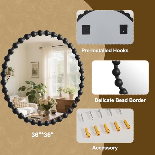 Easly Round Mirror for Wall, 36 Inch Black Beaded Frame Decorative Vanity Mirror, Circle Bathroom Mirror with High-Definition Lense, Modern Wall Decor for Bathroom, Living Room, Bedroom, Entryway - color: Black, size: 36"L x 36"W