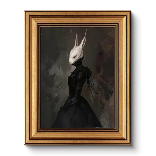 HUARCEY Gold Framed Vintage Wall Art Canvas Prints Gothic Room Decor Vintage Rabbit Lady Wall Decor, Aesthetic Dark Academia Halloween Pictures Oil Painting Goth Decorations 8x10in - color: Phantom Rabbit, size: 10"L x 8"W