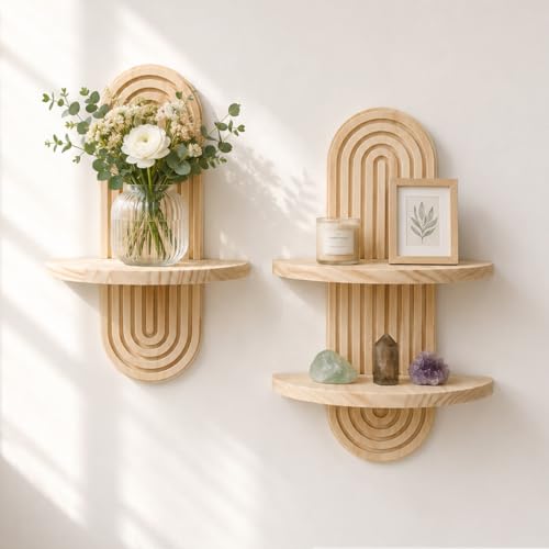 Artilady Boho Wall Decor Wood Shelves Set of 2, Rustic Display Shelf for Crystal Candle Plant, Wall Art for Bedroom Living Room Bathroom (Beige Set 1) - color: Beige Set 1
