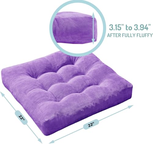 Degrees of Comfort Square Tufted Corduroy Floor Cushions, Large Pillows Seating for Adults, Meditation Pillow for Balcony Tatami Living Room, 22x22 Inch, Purple - color: Square | Purple | 2 Pack, size: 2 Pack