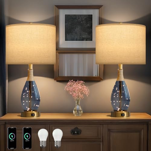 OYEARS 23" Table Lamps for Living Room Set of 2 Bedside Lamps for Night Stands Bedroom Lamps Farmhouse Rattan Boho Lamp Glass Nightlight End Table Lamp with USB C+A (Blue),Two Light Points - color: Blue