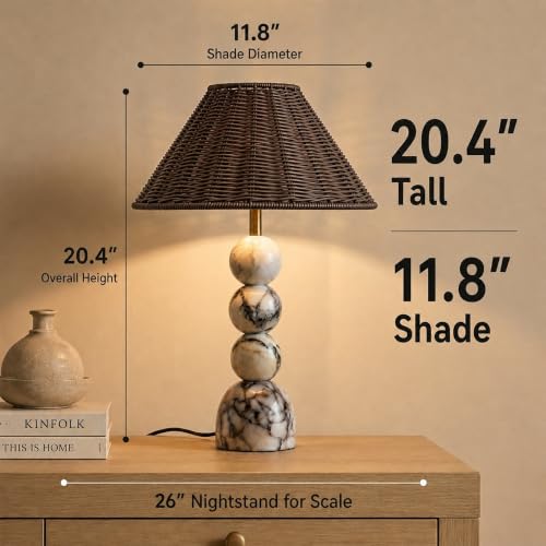 Calacatta Marble Table Lamp with Hand-Woven Rattan Shade, Vintage Stone Lamp with 3 Color Temperatures, Luxury Light for Bedroom Living Room - size: 20.4in