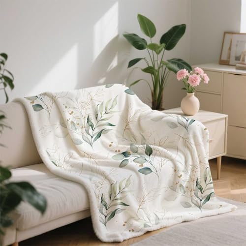 Eucalyptus Leaf Blanket, Botanical Plants Throw Blanket, Soft, Flannel, Warm, Watercolor Floral Throw Blankets Green Botanical Floral Aesthetic Bed Blankets for Couch Bedroom Living Room 50X60 Inch - color: Green, size: 50 X 60