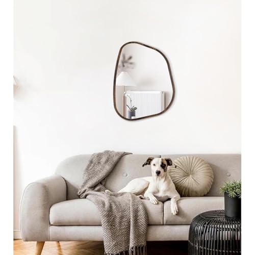 Asymmetrical Accent Mirror for Wall Irregular Oval Wood Frame Modern Unique Wall Mirrors Decorative Boho Vanity Bathroom Living Room Bedroom Entryway Hallway Artistic Wavy Mirror Small 16"x12" - color: Light Tan, size: 16"L x 12"W