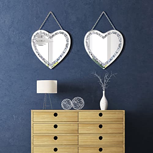 DMDFIRST Heart Shaped Silver Glass Mirror 2 Pack 12x12inch Crystal Crush Diamond Decor Chain Mirror for Wall Decoration - size: 2 PACK 12x12 inch