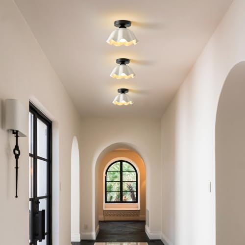 2 Pack Semi Flush Mount Ceiling Light - Flower Glaze Ceramic, Black Vintage Hallway Light Fixtures, White Globe Ceiling Lights, Mid Century Small Light Fixture for Cottage Entryway Laundry Room Foyer - color: Glaze Flower Ceramic-Black
