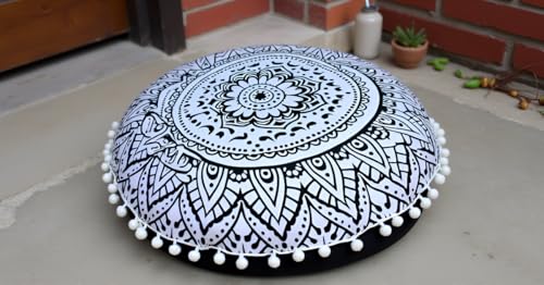 Round Mandala Floor Pillow Cover Seating Cushion Throw Cover Hippie Decorative Bohemian Ottoman Pouf Cover, Pom Pom Pillow Cases,Boho Indian 22 Inches (Black Flower) - color: Black Flower