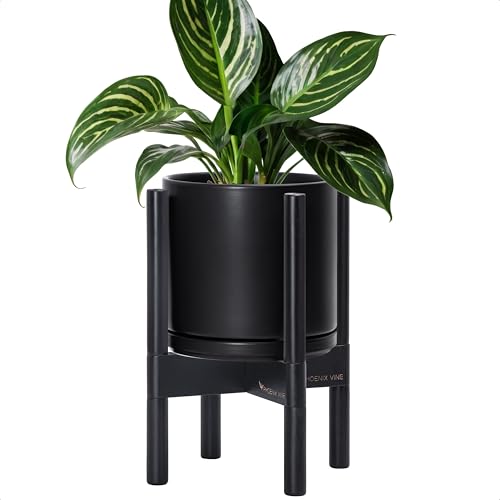 D'vine Dev Ceramic Planter with Ebony Stand - 8 Inch Modern Round Flower Pot with Wood Planter Holder, Black, 55-B-M-2 - color: Black Pot + Ebony Stand, size: 8 Inch