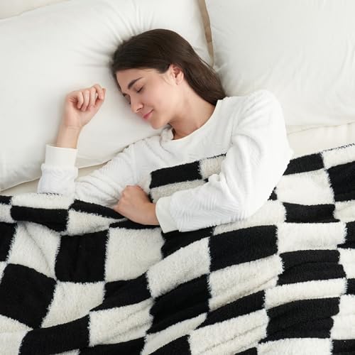 Snuggle Sac Faux Fur Checkered Blanket Twin Size with Soft Knitted Microfiber Fabric,Cozy Soft Warm Blanket for Sofa Bedroom Living Room,Black Checker,60x80 inches - color: Black White, size: Twin(60"x80")