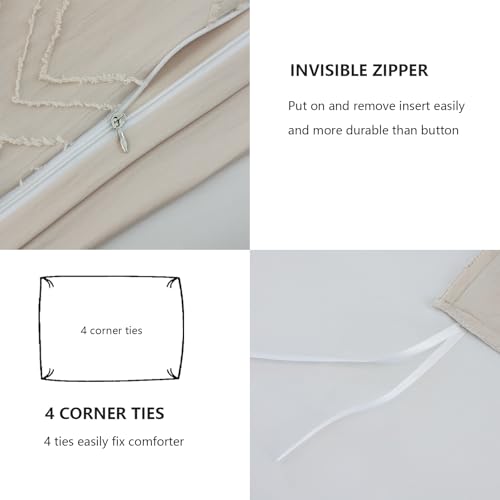Duvet Cover Queen Size, 3PCS Boho Duvet Cover Set, Geometric Pattern Tufted Bohemian Comforter Cover Jacquard Knit Textured Bedding Set with Zipper Closure - color: Light Kahki, size: Queen