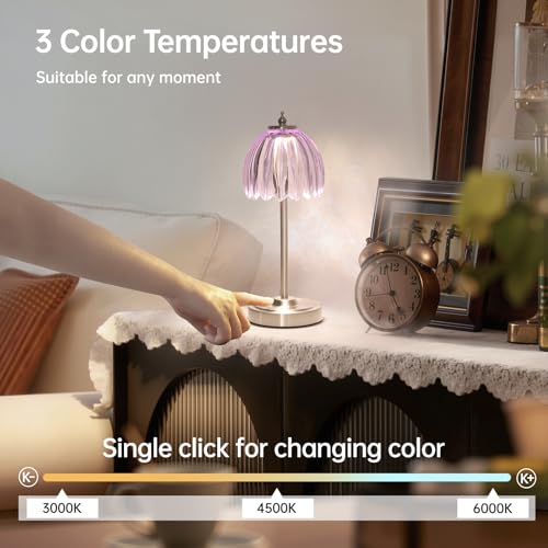 Shenmoyl Tulip Table Lamp with 5200mAh Battery & Touch Control, Cordless Small Table Lamp with 3 Colors, Dimmable Rechargeable Table Lamps for Living Room, Bedroom, Desk, Bedside (Clear Purple Tulip) - color: Clear Purple, size: 1 Pack