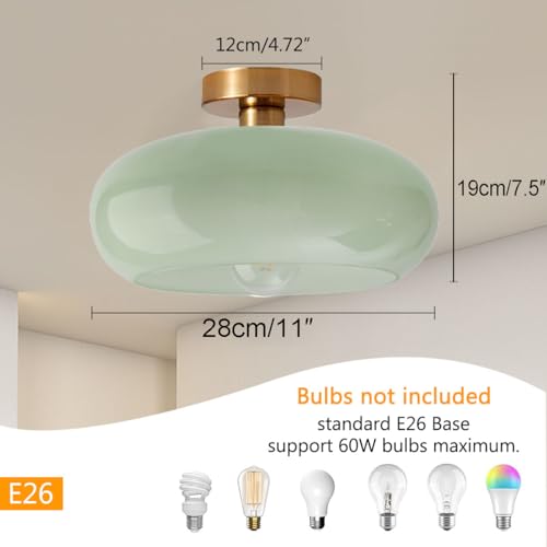 Mid Century Ceiling Light Milk Glass Ceiling Light fixtures Round Dome Shade Gold Brass Modern Semi Flush Mount Ceiling Light, Milk Green Ceiling Lamp for Hallway Dining Room Kitchen - color: Flush Milk Green 2