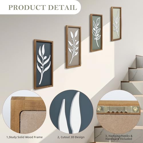 3D Tree Leaf Wooden Framed Boho Wall Art (Set of 4) Lightweight, Minimalist Botanical Farmhouse Bathroom Wall Decor For Living Room Bedroom Kitchen Office Hallway Decorations - color: Tree Leaf Brown