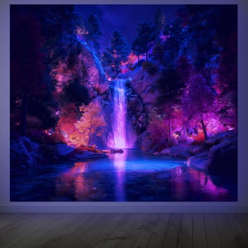 CRAFTYMELODY Waterfall Blacklight Tapestry Glow in the Dark Tapestry UV Reactive Neon Forest Lake Wall Hanging 59×51 Inch with Hook Self Adhesive Sticker Clip for Bedroom Home Wall Decoration - color: Waterfall