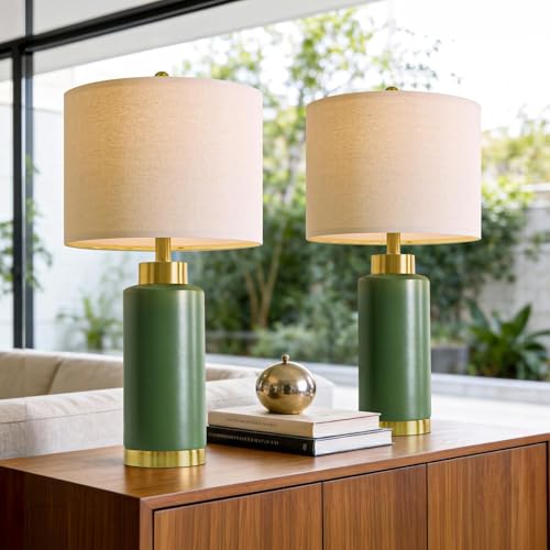 USumkky 25" Green Ceramic Table Lamp Set of 2, Modern Mid-Century Bedside Nightstand Lamps for Bedroom Living Room, Linen Shade & Gold Metal Base, Rotary Switch E26 (Bulbs Excluded) - color: 25" Green-2 Pack