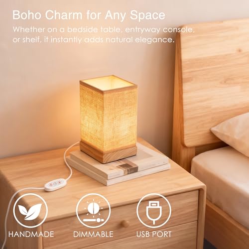 LUSHARBOR Boho Bedside Table Lamp, Decorative Dimmable Rattan Lamp Battery Operated, Small Nightstand Boho Lamp Accent Vintage Table Lamps for Livingroom/Entryway/Tabletop/Desk Decor-Beige - style: USB-WOVEN