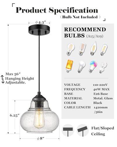 ELYONA 8 Inch Globe Pendant Light Bubble Glass Industrial Kitchen Island Hanging Pendant Light Fxiture Modern Hand Blown Seeded Glass for Farmhouse Dining Room Bar Bedroom Living Room Black - color: Black